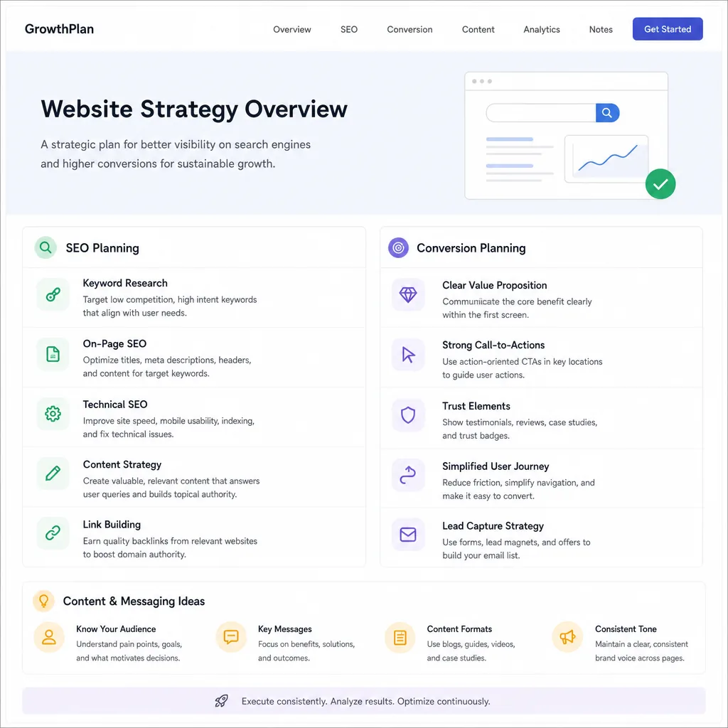 modern website interface with SEO and conversion planning notes