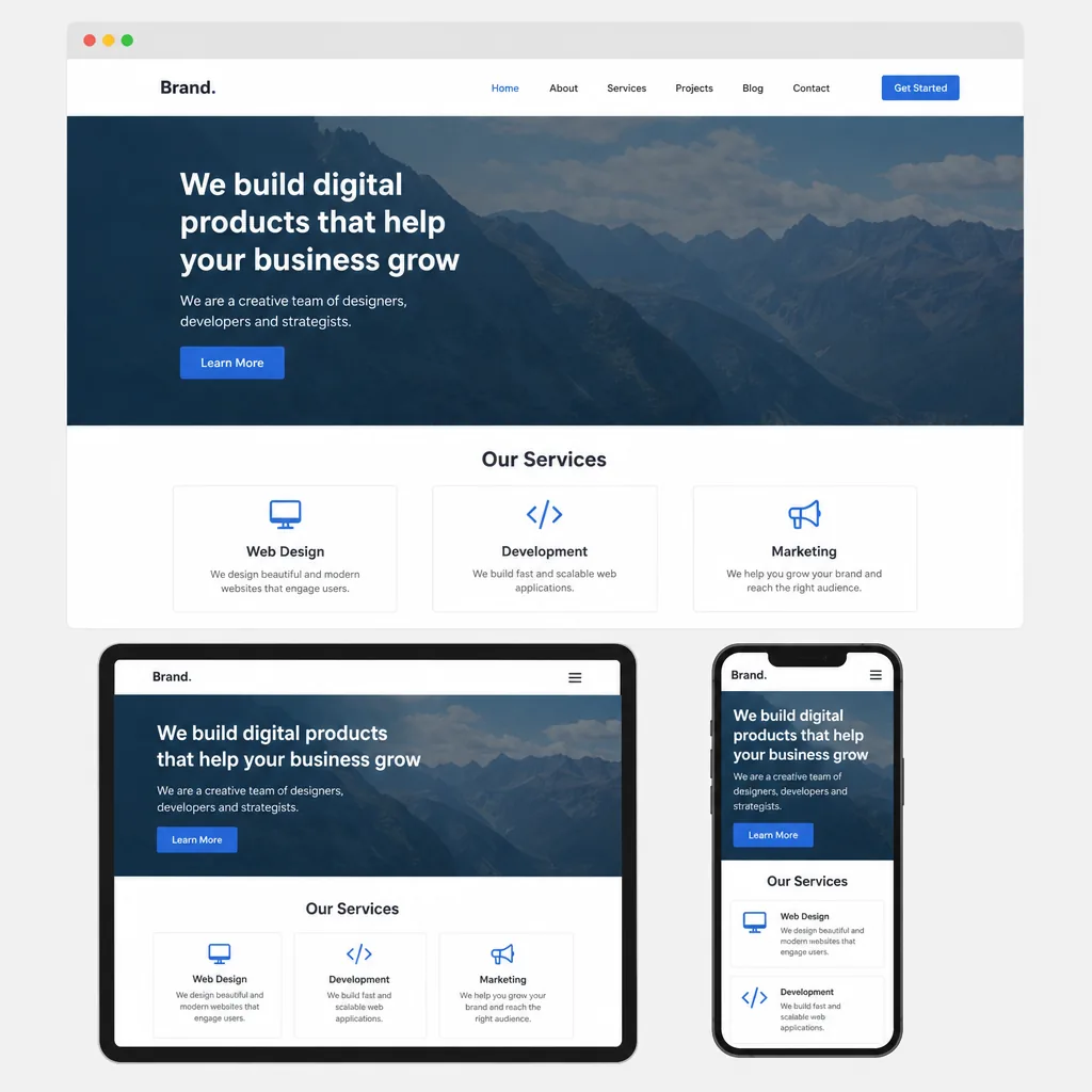 responsive website screens on desktop tablet and phone