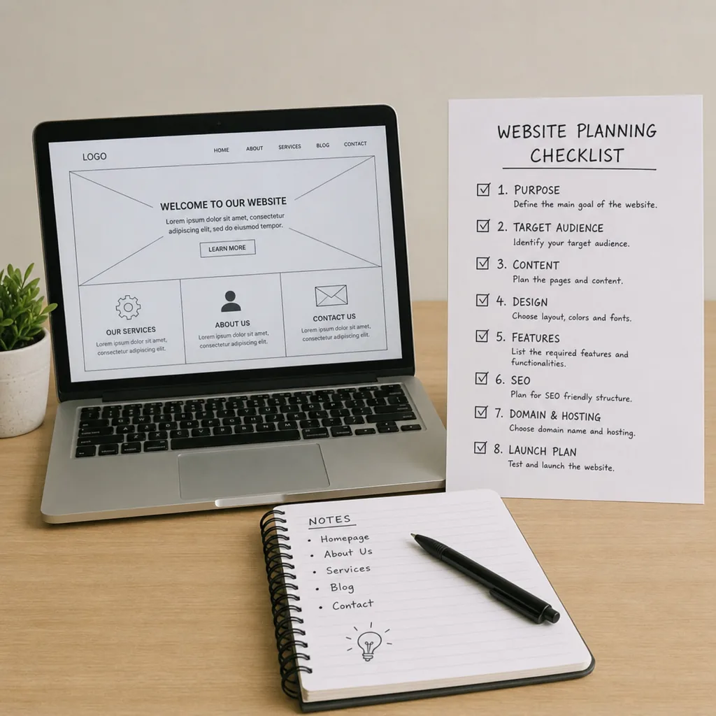 Website planning checklist beside laptop and notebook