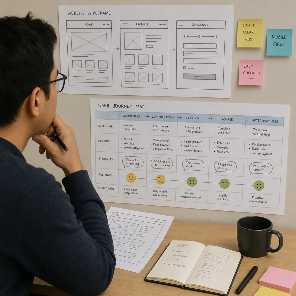 Designer reviewing a website wireframe and user journey map