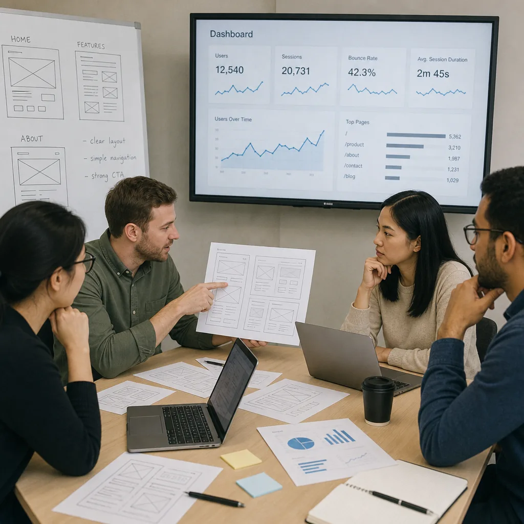 team reviewing website wireframes and analytics dashboard