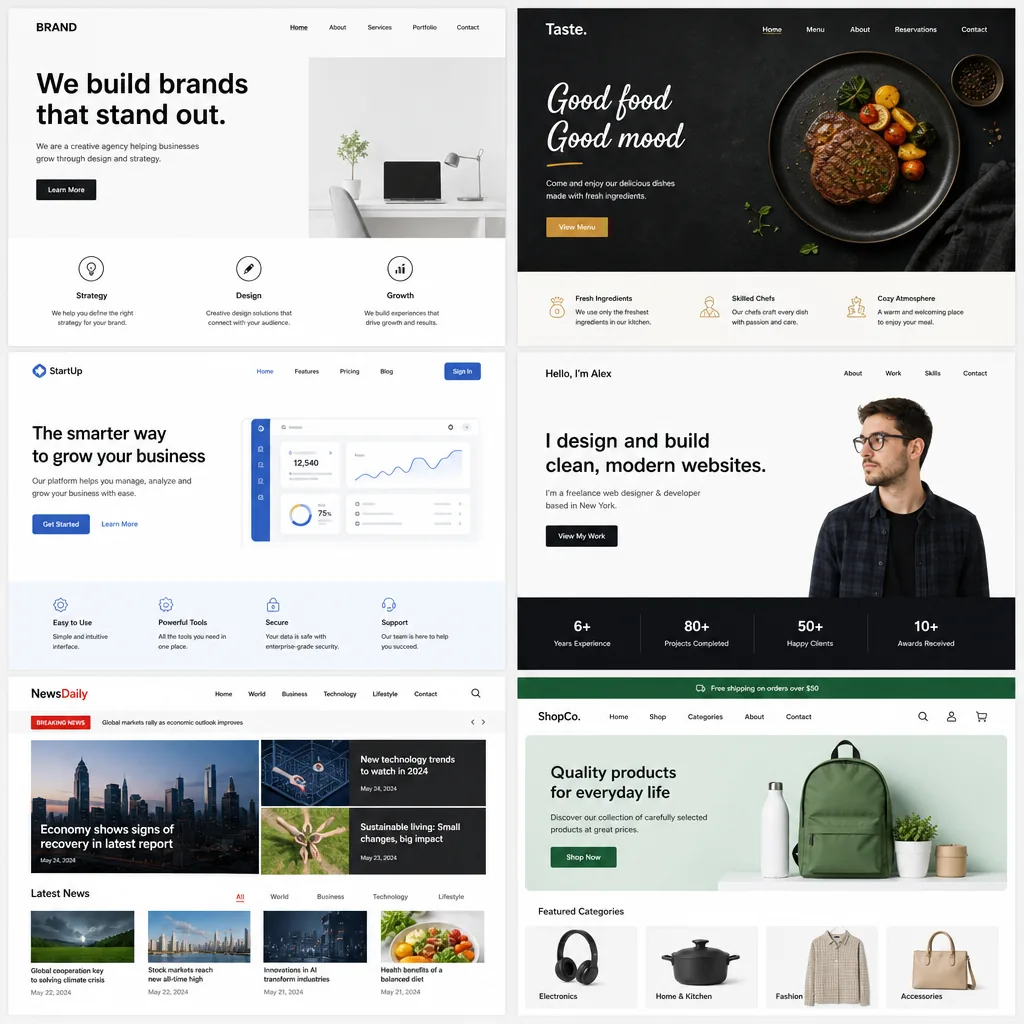Examples of different website layout styles on desktop screens