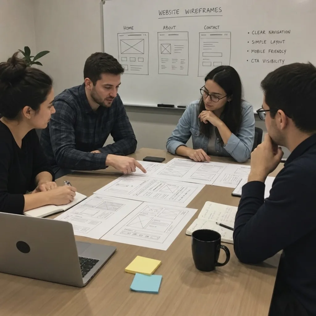 Team reviewing website wireframes on a conference table
